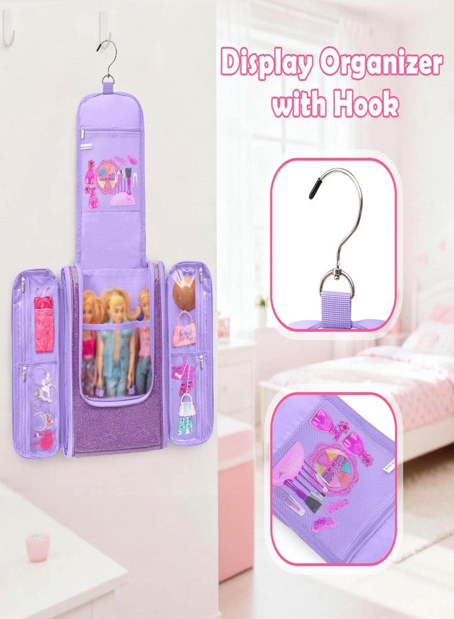 LoDrid Travel Carrying Case Compatible with Barbie Dolls 12-inch Holds up to 6 Dolls, Display Organizer with Hanging Hook, Doll Clothes Storage with Multiple Pockets for Accessories, Bag Only, Purple - Image 4